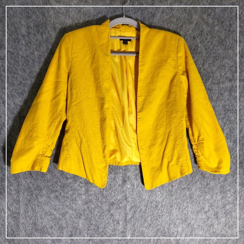 Ann Taylor Blazer Women XS Yellow Open Front Ruched Sleeve Linen‎ Professional